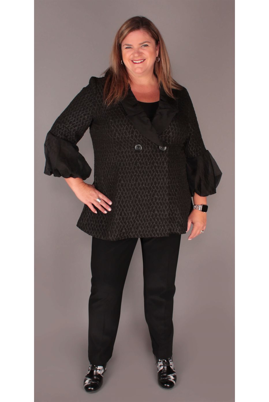 Black Jacquard Flare Jacket with Organza Puff Sleeves